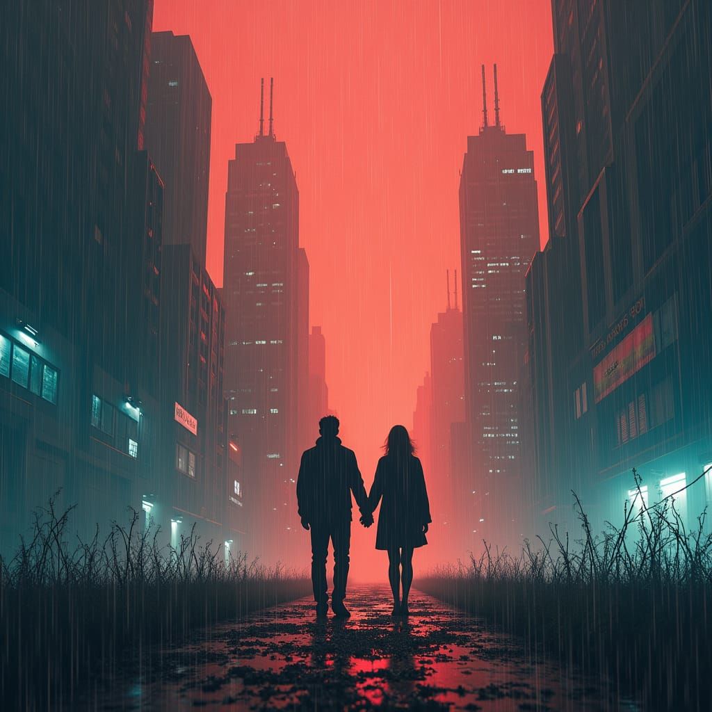 Dystopian Cyberpunk Figures in a Rain-Soaked Metropolis