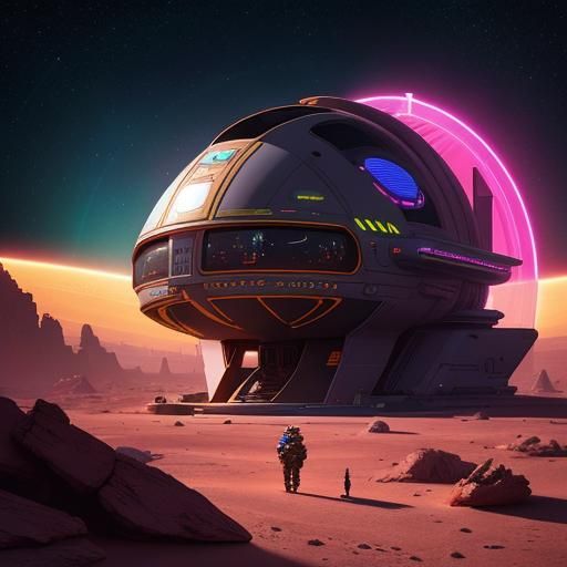 Neon Space Station in Desert Landscape