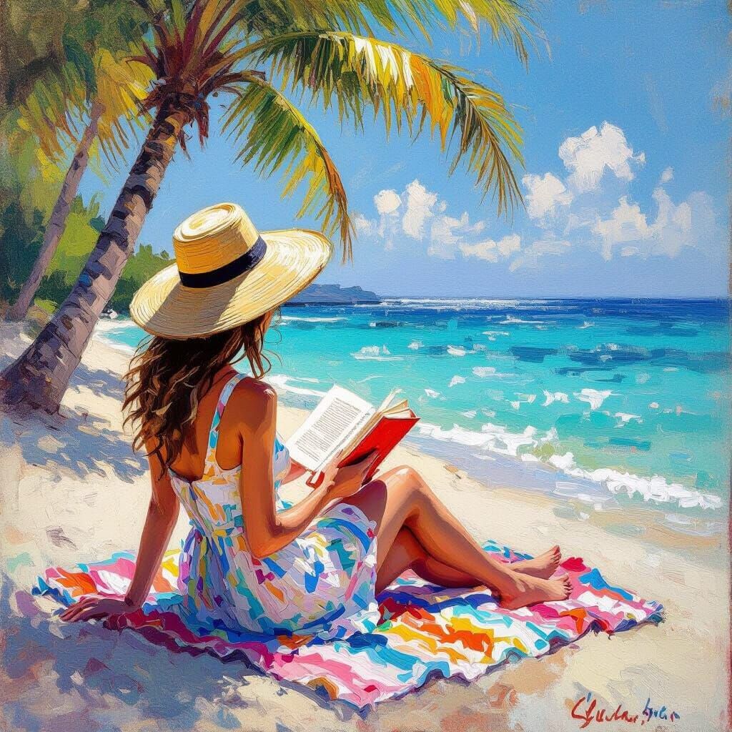 Girl Reading Book on Tropical Beach in Impressionistic Style