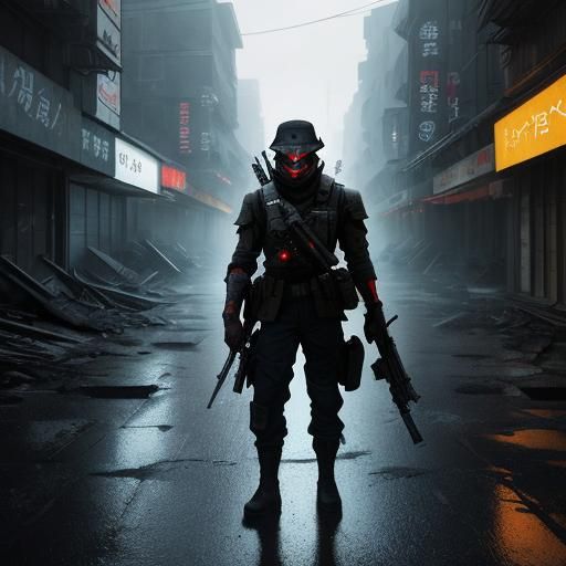 Anime Soldier in Ruined City, Manga Style