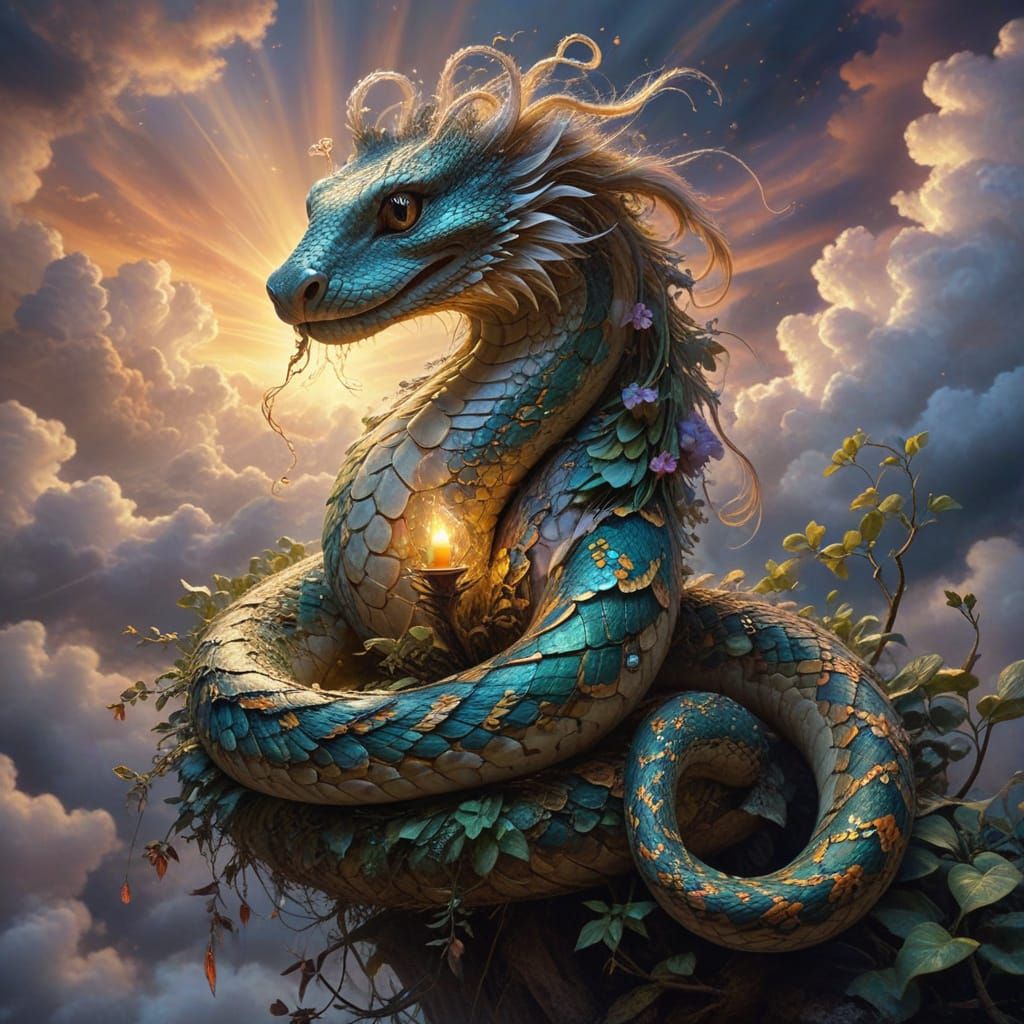 Surreal Fantasy Scene of Snake in Whimsical Clouds