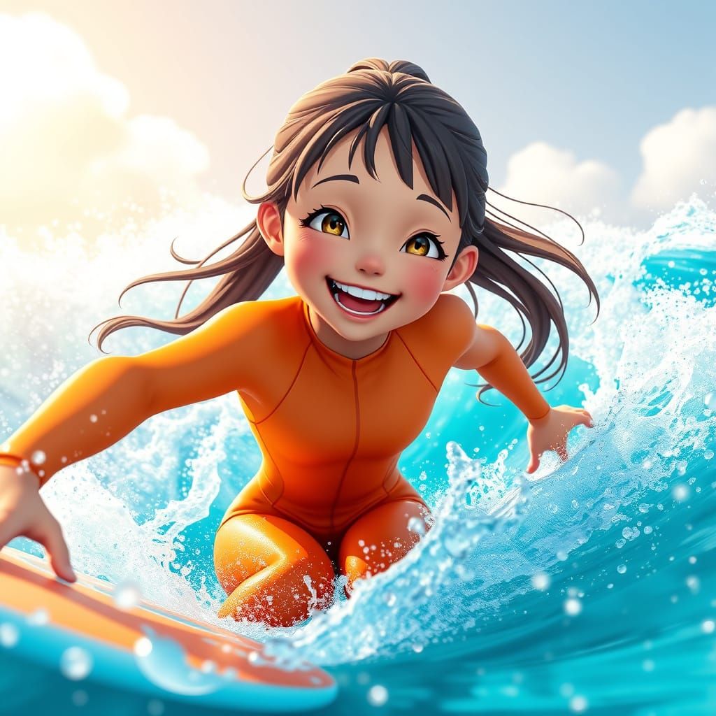 Girl Smiling Radiantly Amidst Turquoise Waves