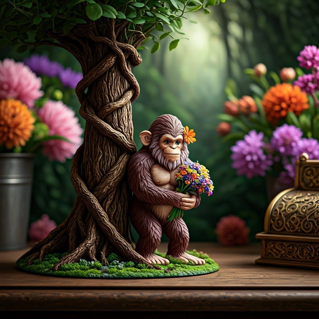 Sasquatch Figurine in Enchanted Forest, Digital Matte Painti...