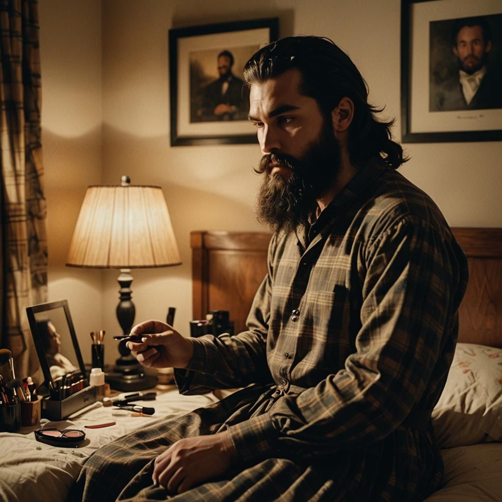Moody Portrait of a Man in a Dress, Makeup, and Cinematic Li...