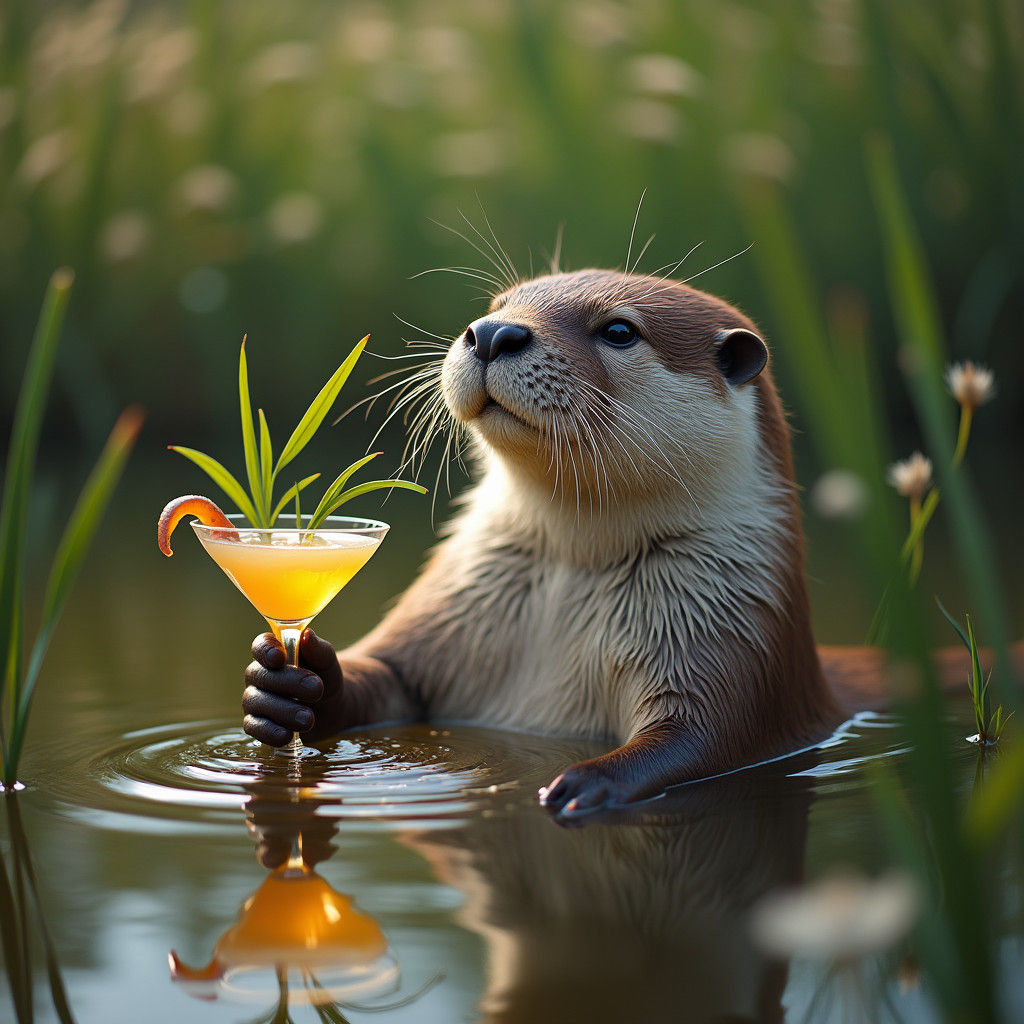 Anthropomorphic Otter Smelling Reed Grass in Murky Pond