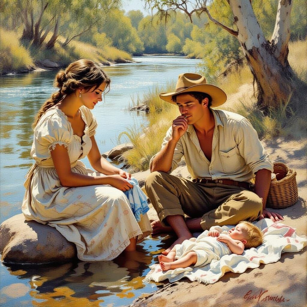 Australian Colonial Family Washing Clothes by River