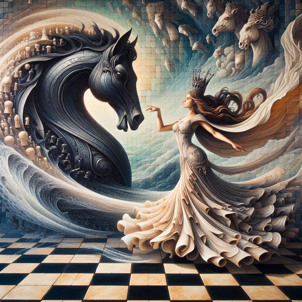 Ethereal Chess Knight Dances with the Queen in a Dreamlike W...