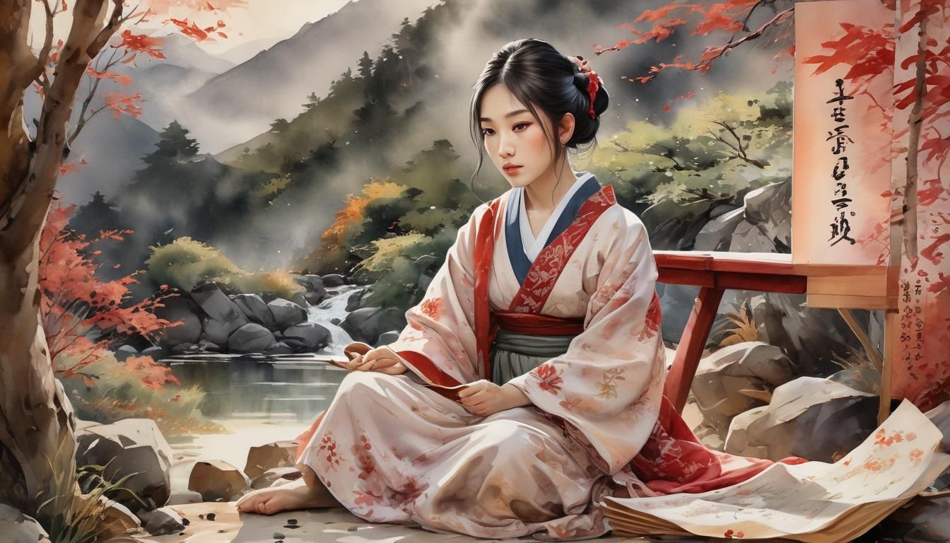 An old japanese painting, a reading young girl, v1
