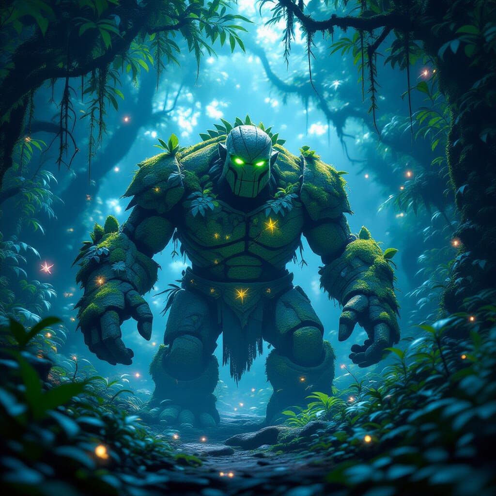 Moss Golem Awakens in Bioluminescent Jungle