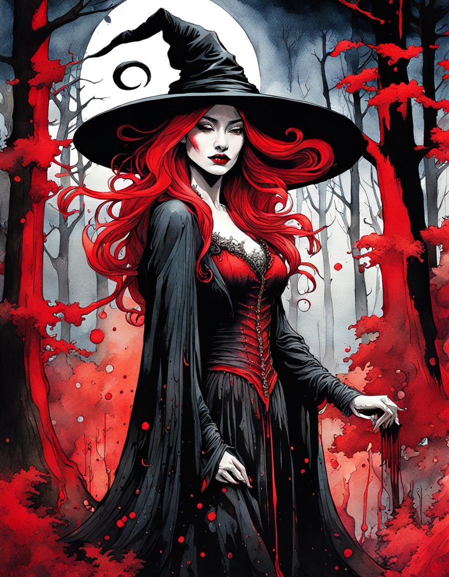 Magical Gothic Red Witch in Ink and Wash Style