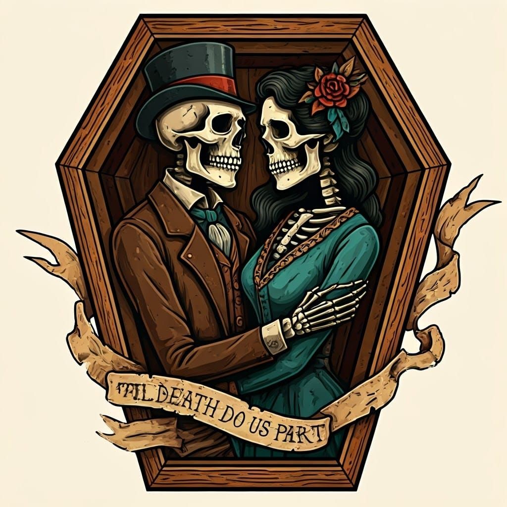 Skeletons Embrace in Coffin: Old-School Tattoo Art