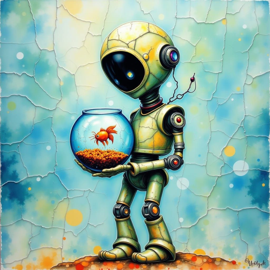 Cute Robot Gently Holds a Fishbowl