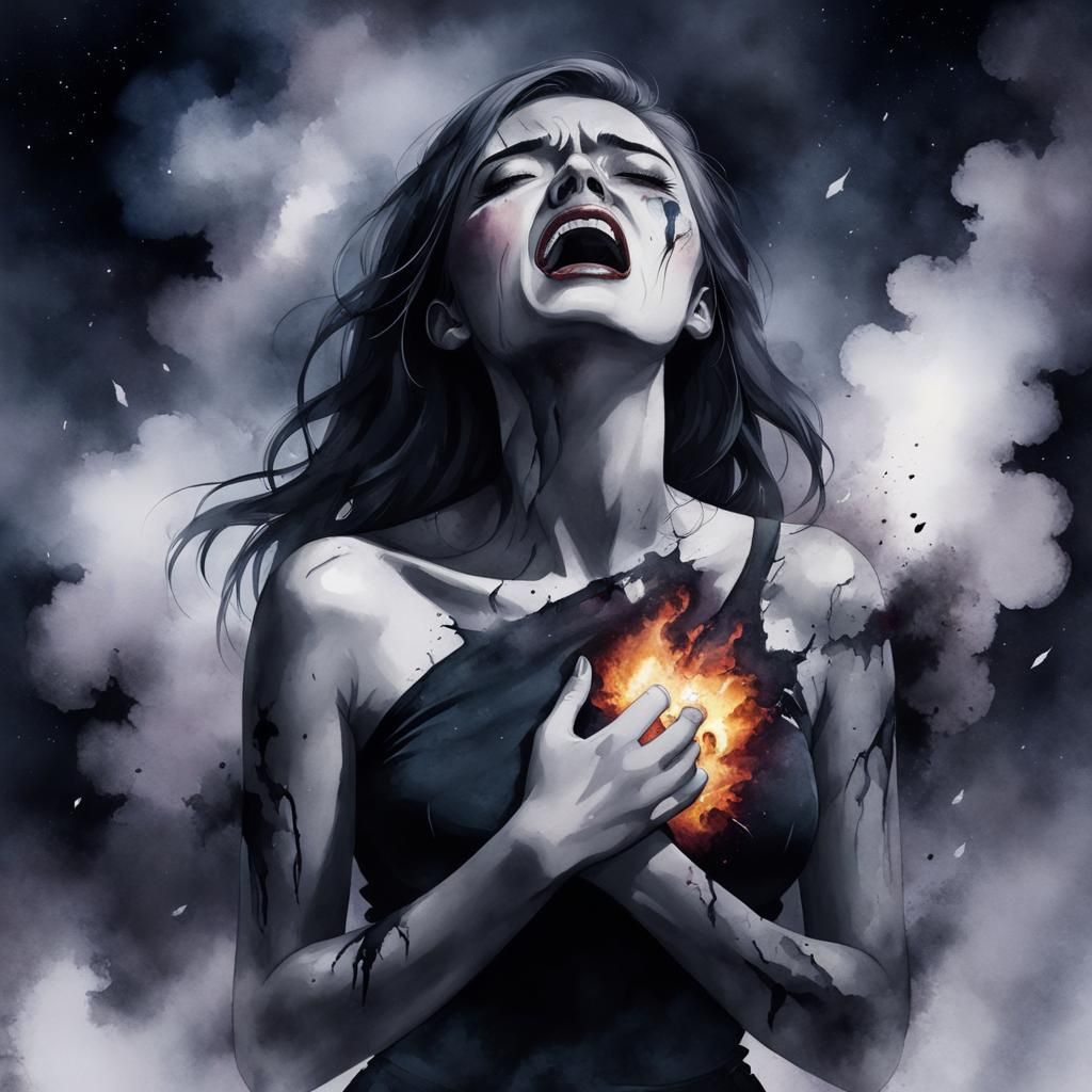 Crying Girl with Broken Heart in Watercolor Galaxy