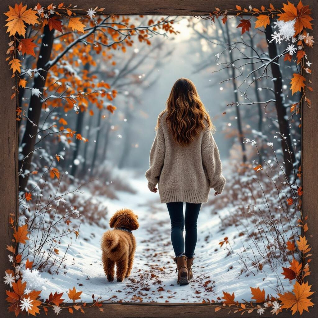 Woman and Dog Walk Through Autumn-Winter Forest