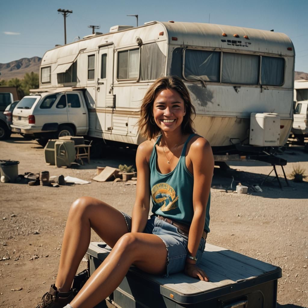 Native Woman Smiling in Desert Trailer Park