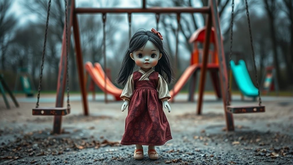 Eerie Playground with Red Light Doll in Overcast Light