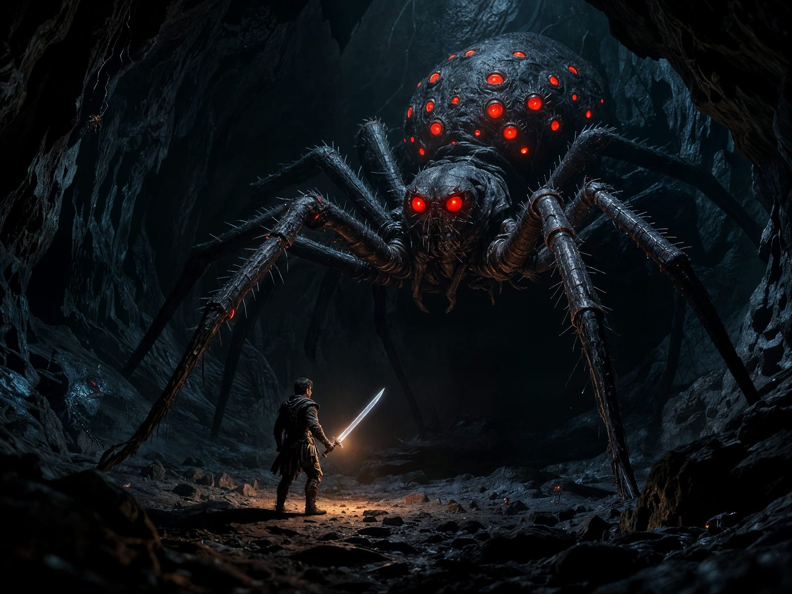 Giant Spider Attacks Adventurer in Dark Cave