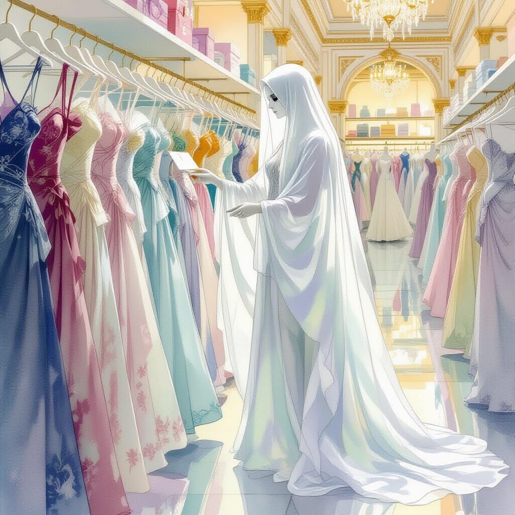 Ethereal Ghost Chooses Gowns in Gouache Painting Style