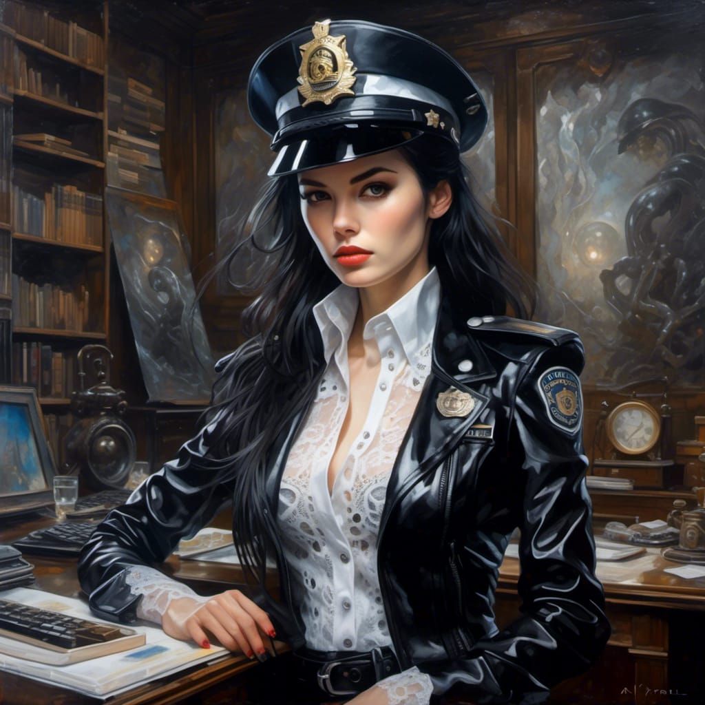 Hyperreal Gothic French Policewoman in Latex, Oil Painting