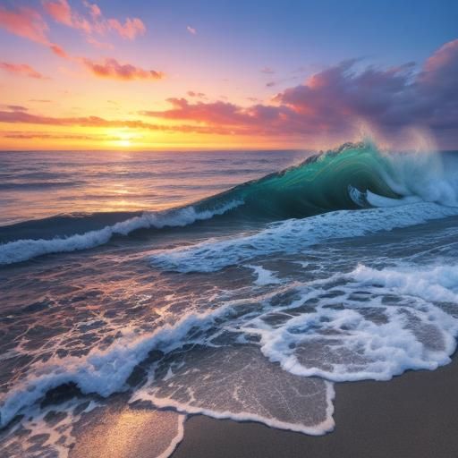 Colorful Sunset Over Seashell Beach with Large Waves