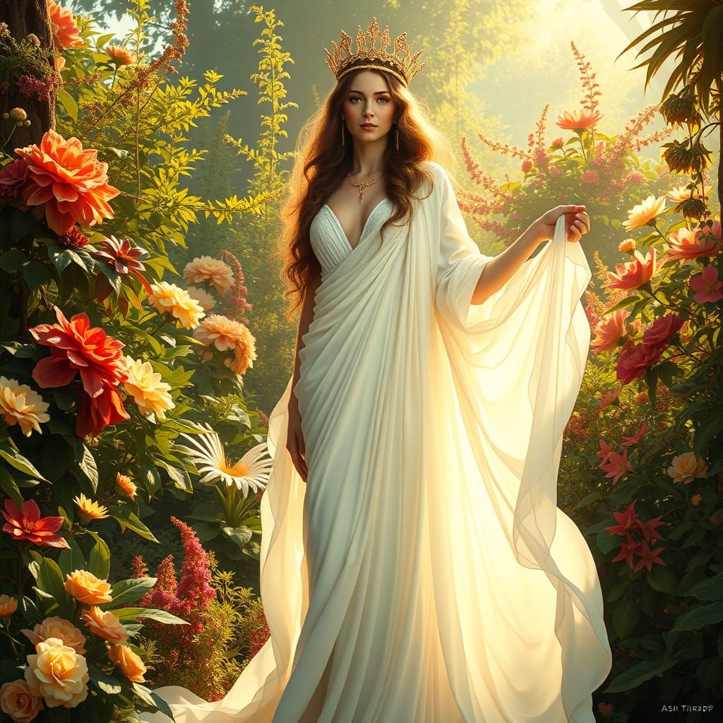 Regal Goddess in Vibrant Garden, Divine Feminine Embodied