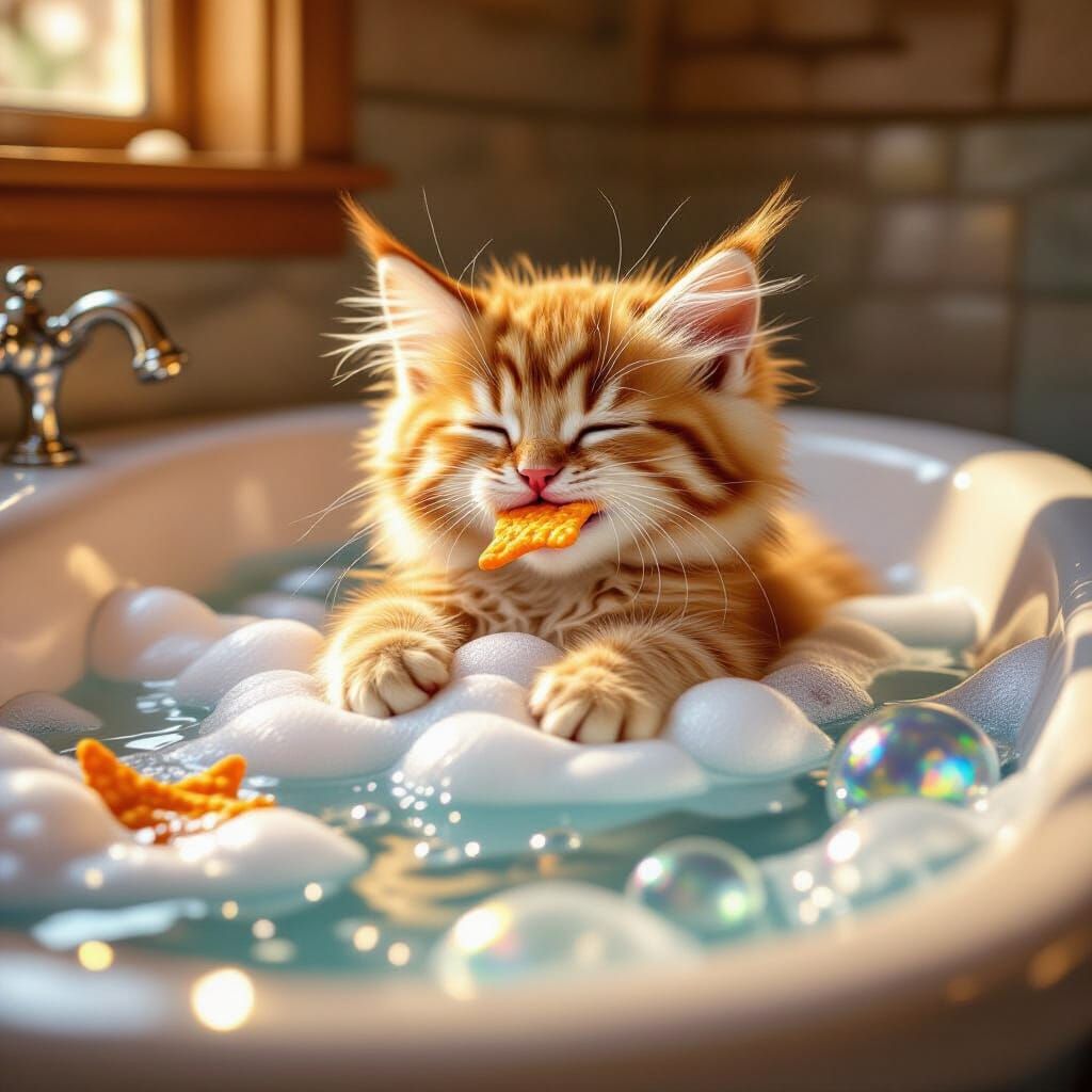 Fluffy Kitten Enjoys Bubble Bath with Cheetos