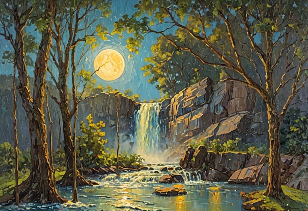 Moonlit Waterfall in Impressionist Impasto Style
