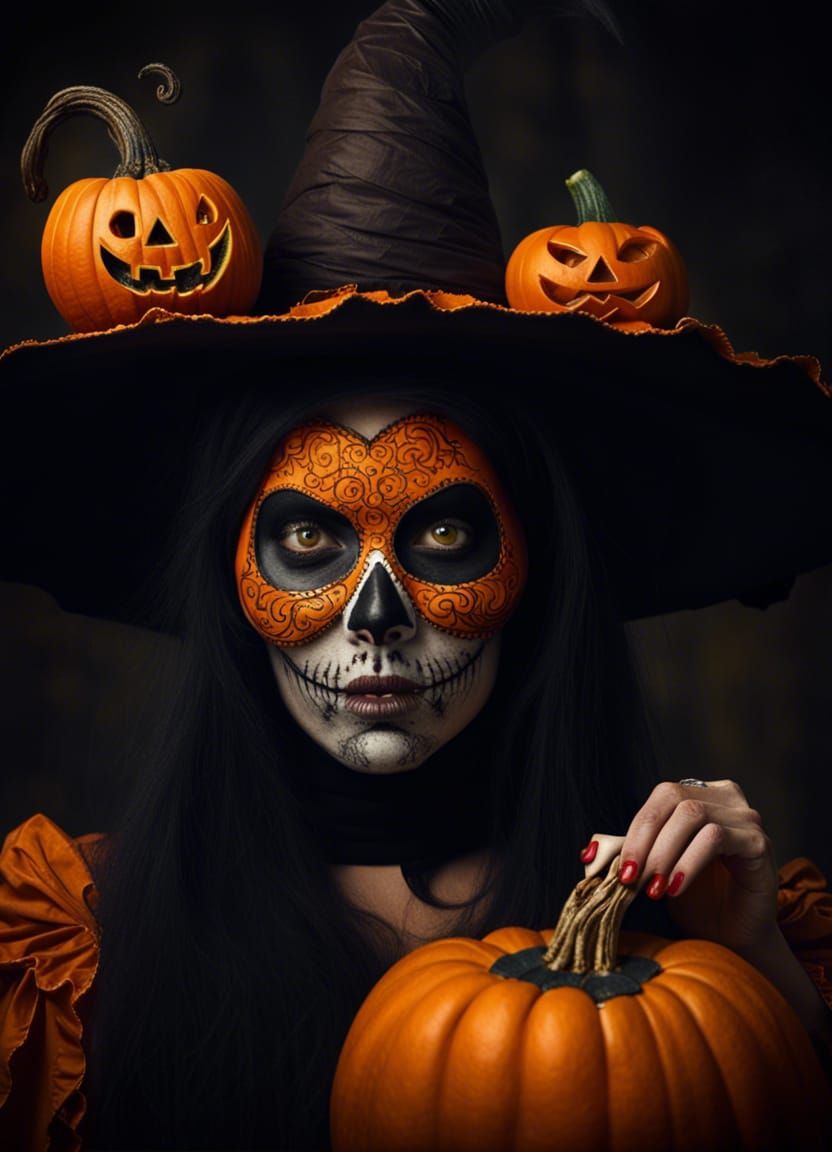 Adorable Witch and Skeleton with Halloween Pumpkin