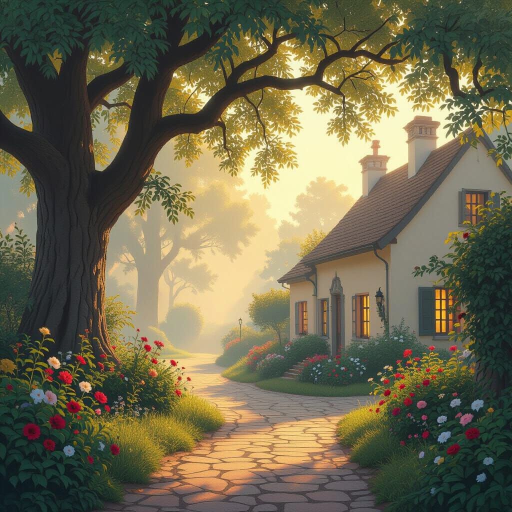 Estate Shrouded in Morning Mist in Ethereal Style