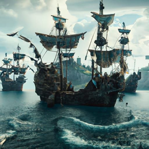 Pirate Ships on the Open Sea in Matte Painting Style