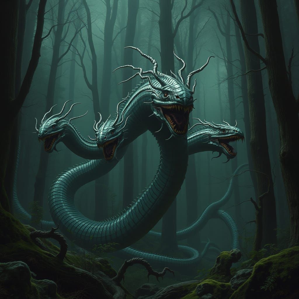 Mythical Hydra in Dark Forest, Dark Fantasy Art