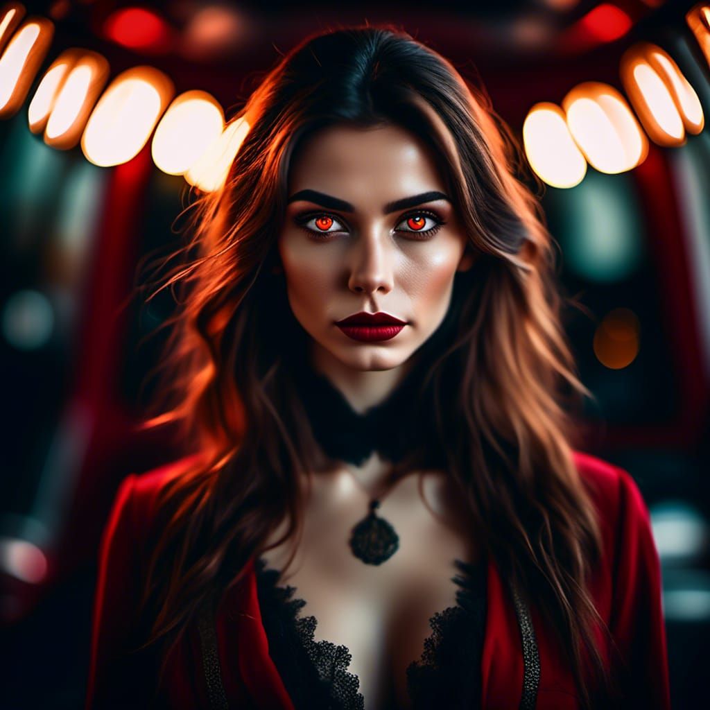 Beautiful long haired skinny brunette with fire engine red eyes and lips looking intently at the viewer