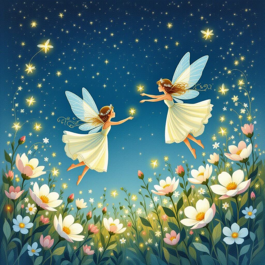 Enchanting Fairies Flying Over Flowers at Night