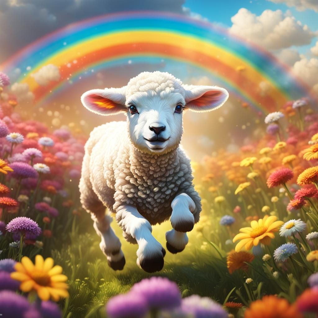 Lamb Runs Through Field of Flowers in Hyperrealism
