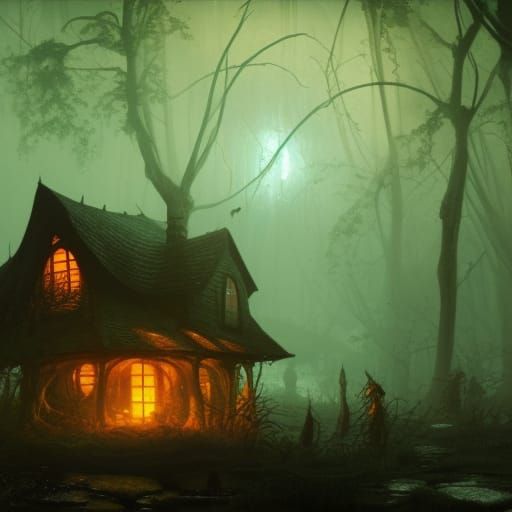 Cottagecore Witch House in Glowing Swamp