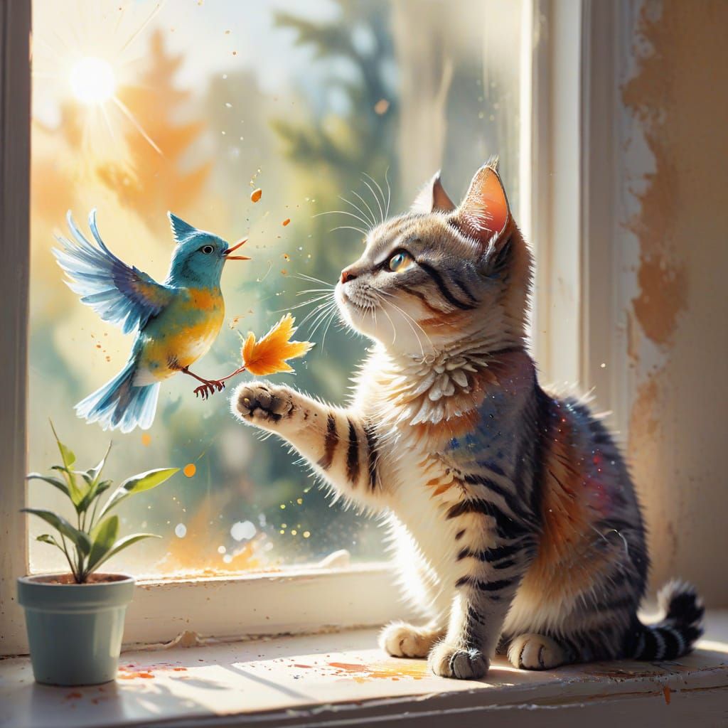 Whimsical Cat Plays with Bird in Vibrant Watercolor Style