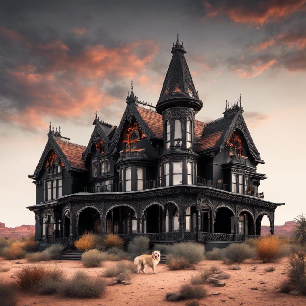 Gothic Victorian Mansion in Lush Desert Landscape