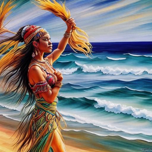 Radiant Taino Woman in Caribbean Coastal Oil Painting