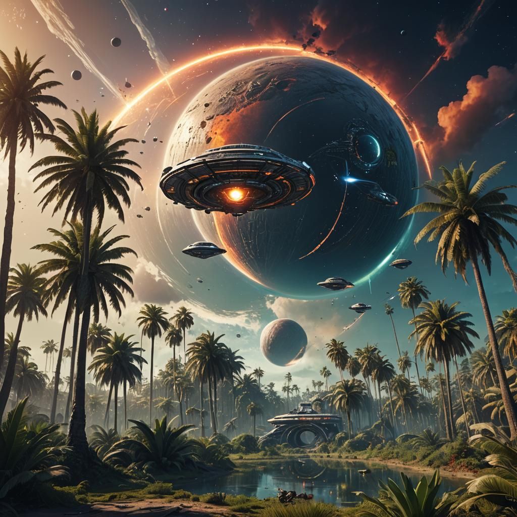 Surreal Sci-Fi Landscape with Spaceship, Matte Painting