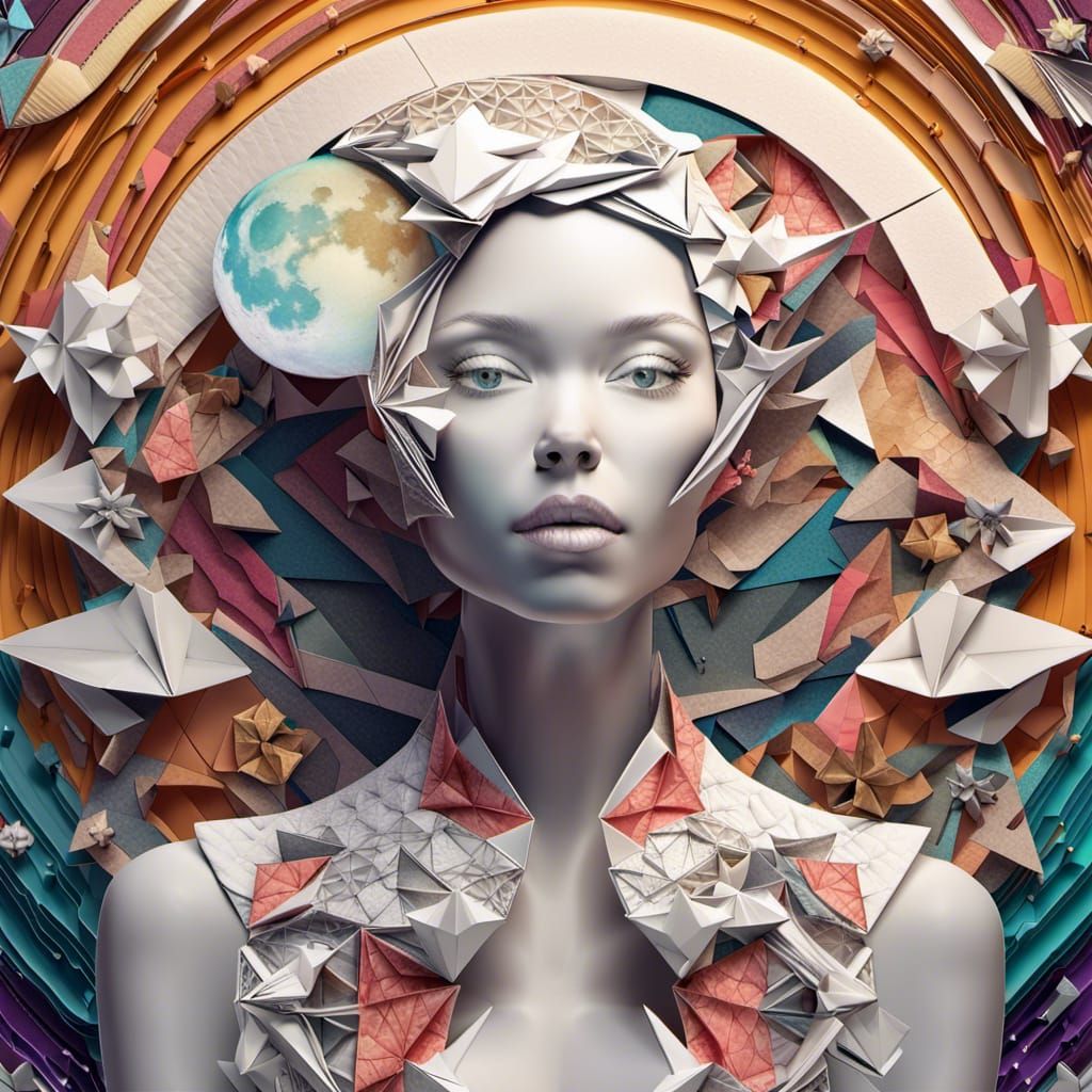 Intricate Origami Moon Girl in 3D Style