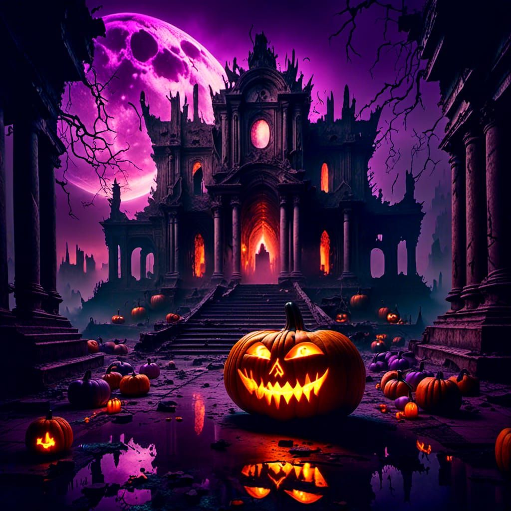 Cursed Pumpkin in Mystical Ruins: Digital Fantasy Art