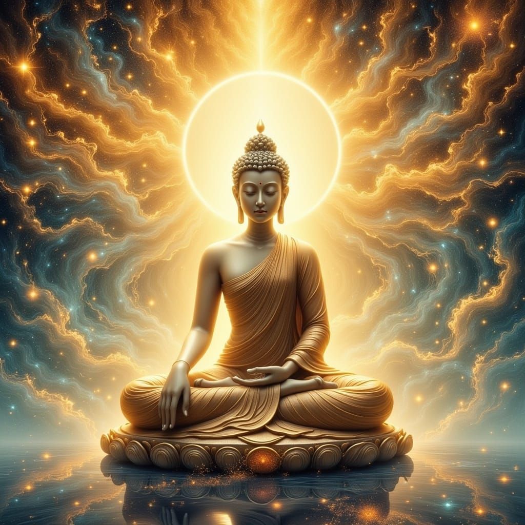 Serene Buddha in Ethereal Landscape as Japanese Ink Painting