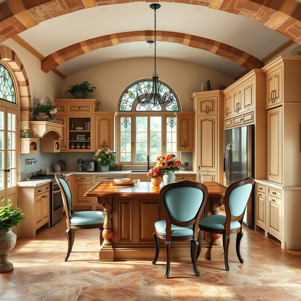 Cozy Italian Cottage Kitchen with Stone Arches