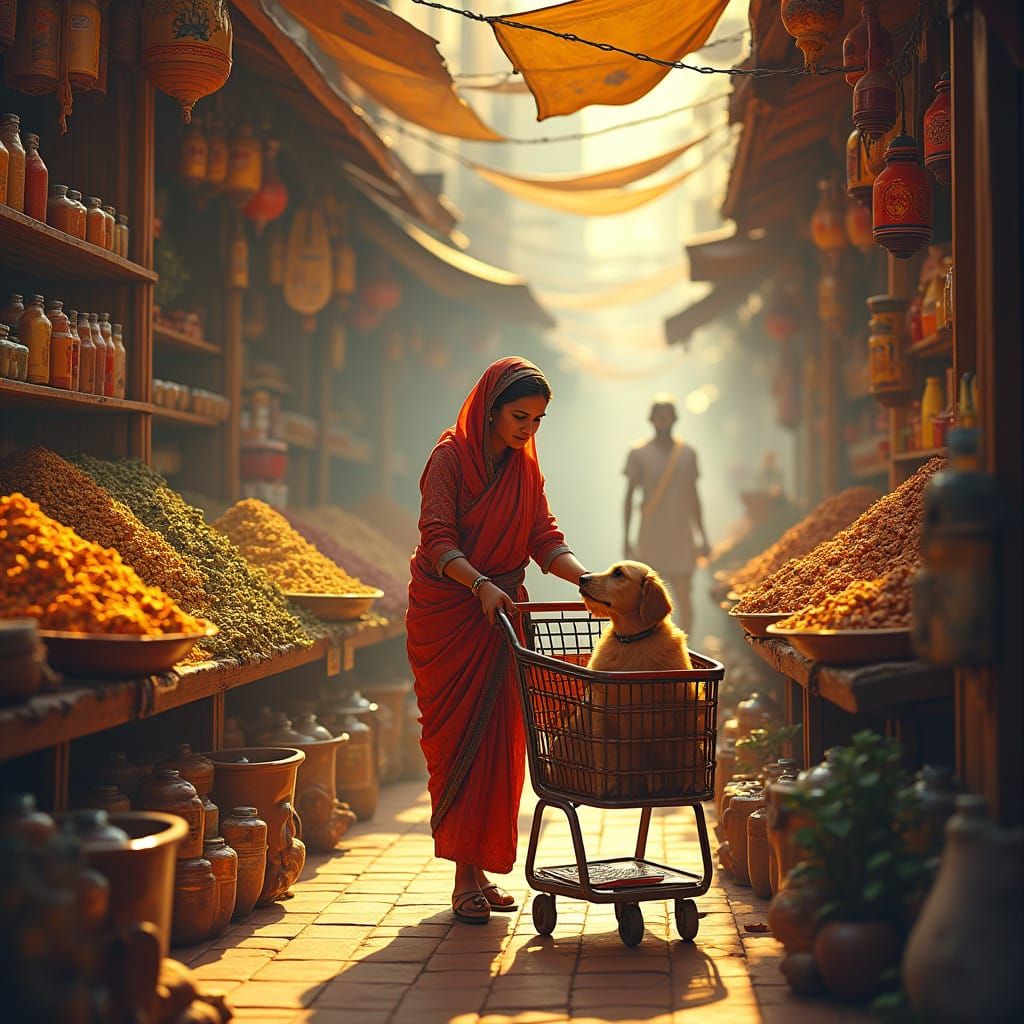 Vibrant East Indian Woman in a Whimsical Grocery Store Scene