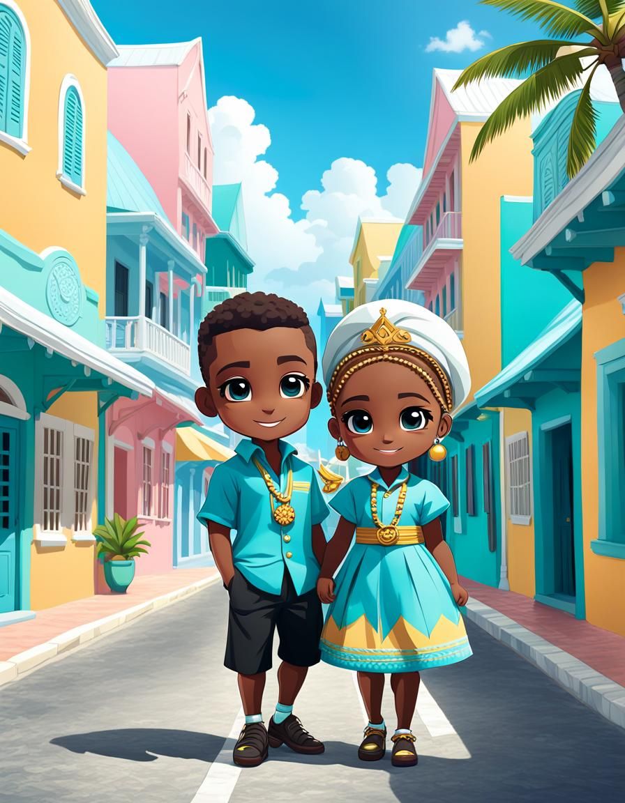 Chibi Characters Strolling in Nassau, Bahamas