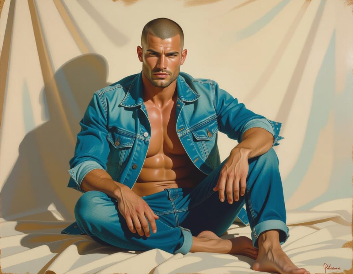 Muscular Man Poses Confidently in Realistic Oil Portrait
