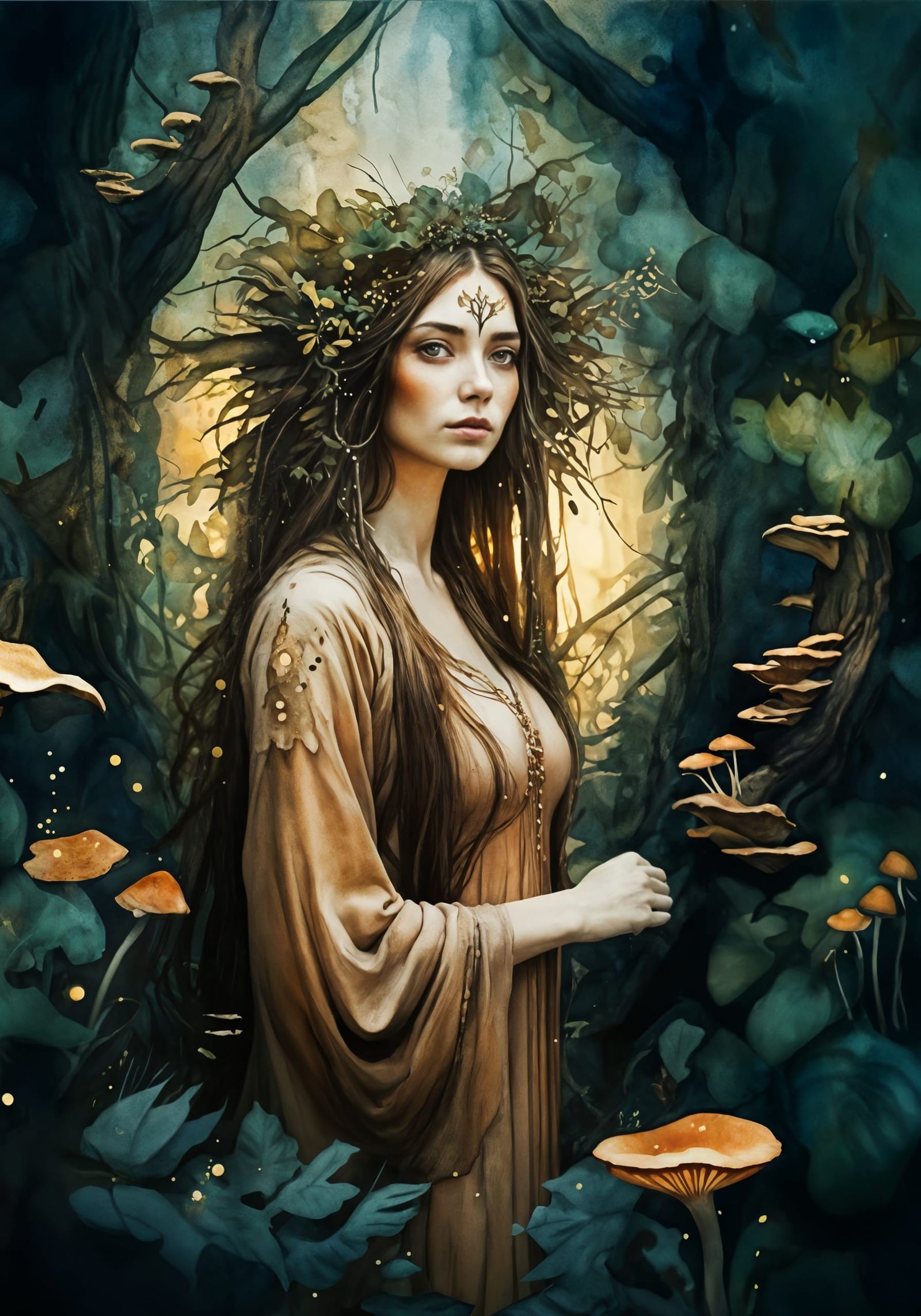 Mystical Woman in Forest, Watercolor Portrait