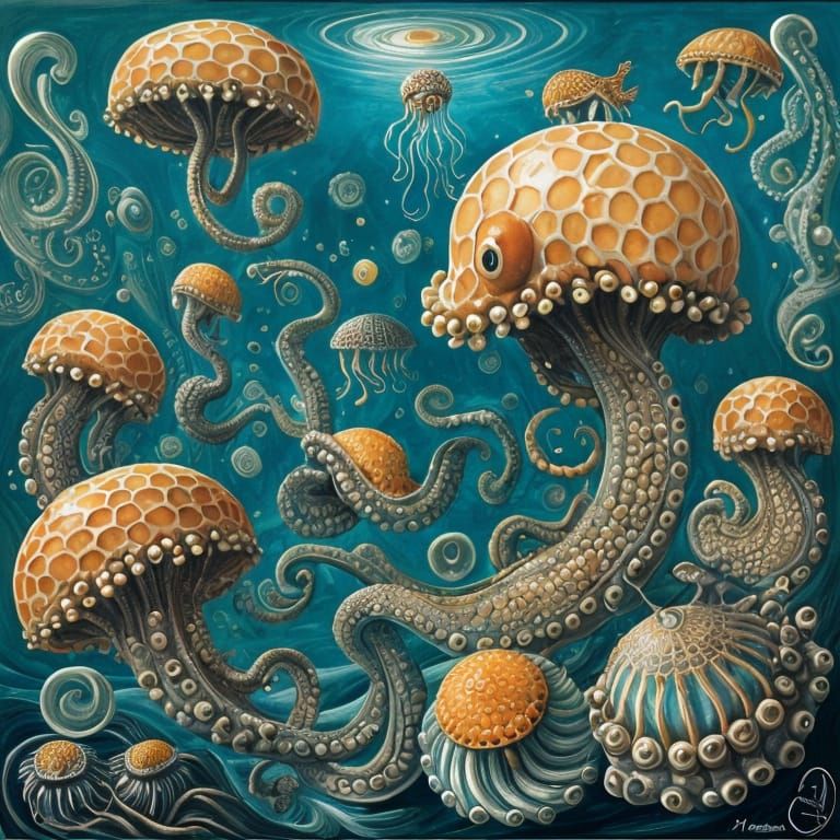Surreal Octopus and Mermaid in Oil on Canvas