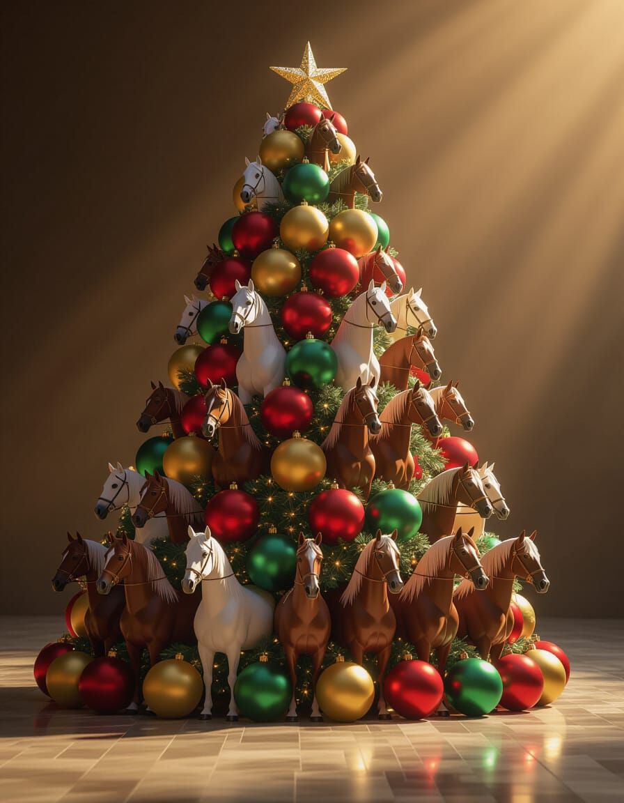 Horses Form Realistic Christmas Tree with Ornaments