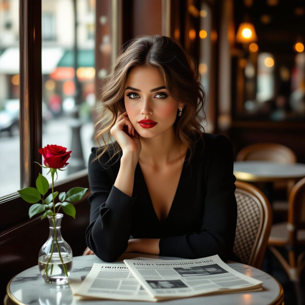 Mysterious Woman in Parisian Cafe, Art Nouveau Style